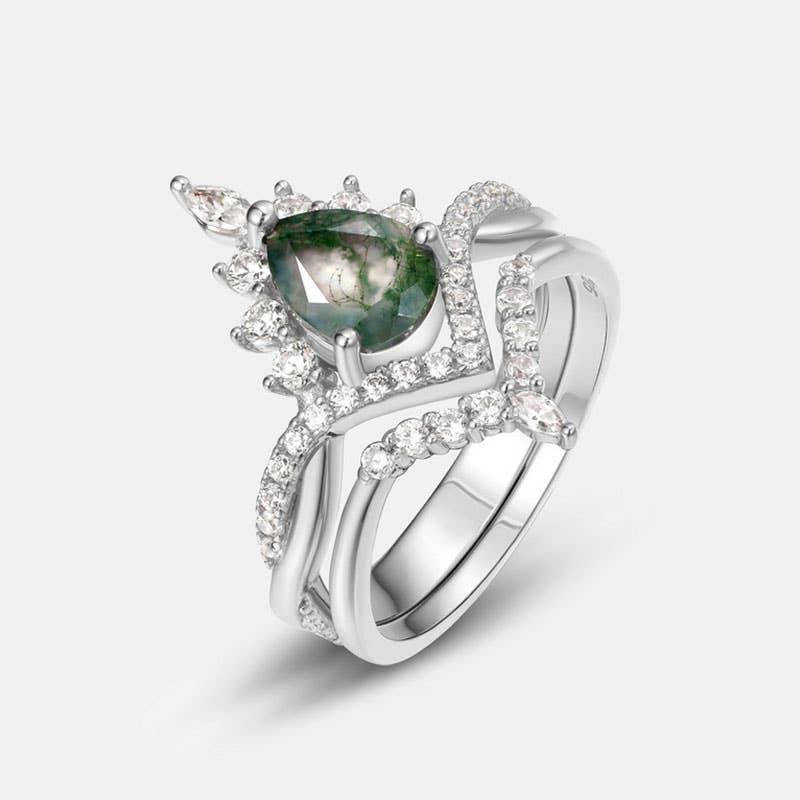 S925 Sterling Silver Water Grass Agate Couple Ring: Silver / size P