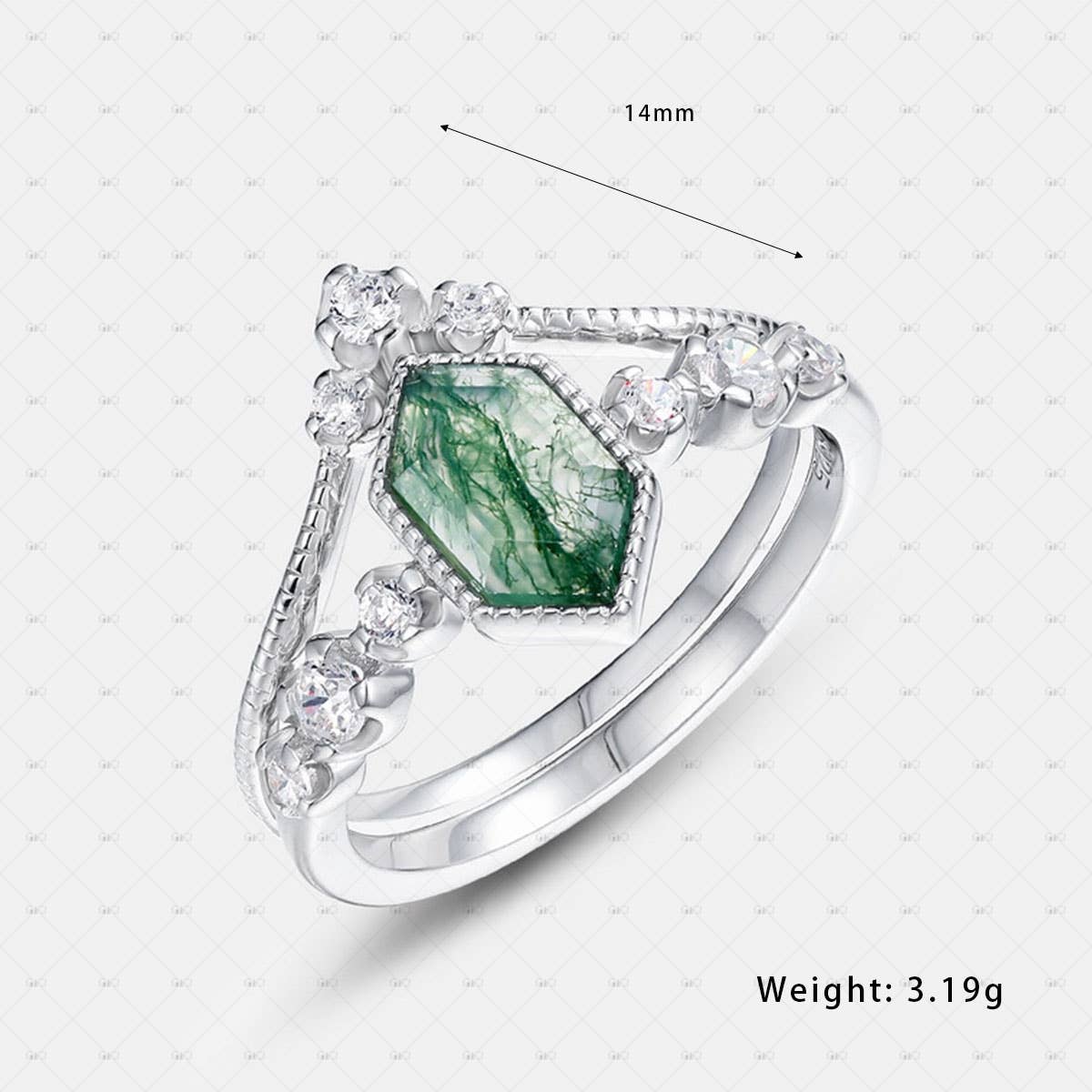 S925 Sterling Silver Hexagonal Moss Agate Stacking Ring: 8 size P