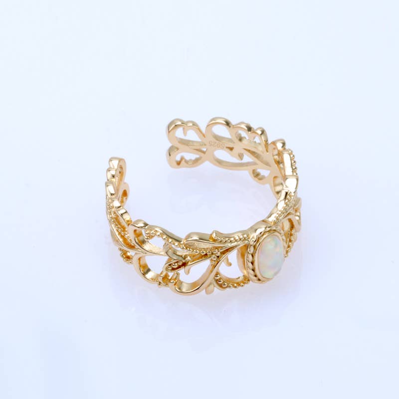 S925 Silver Plated 14K Gold Vintage Vine Opal Gemstone Ring