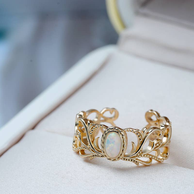 S925 Silver Plated 14K Gold Vintage Vine Opal Gemstone Ring