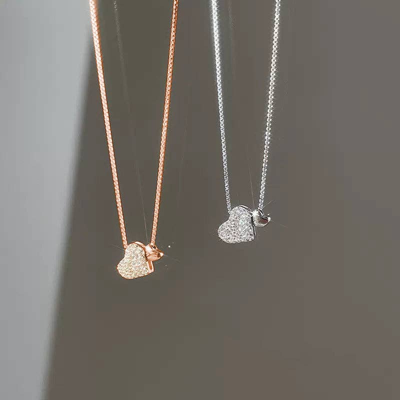 Pave Double Heart Box Chain Necklace in 925 Sterling Silver: Gold