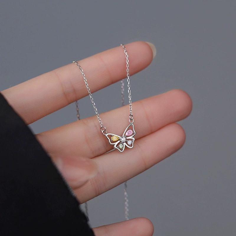 Color CZ Butterfly Pendent Necklace in 925 Sterling Silver: Silver / Sterling silver