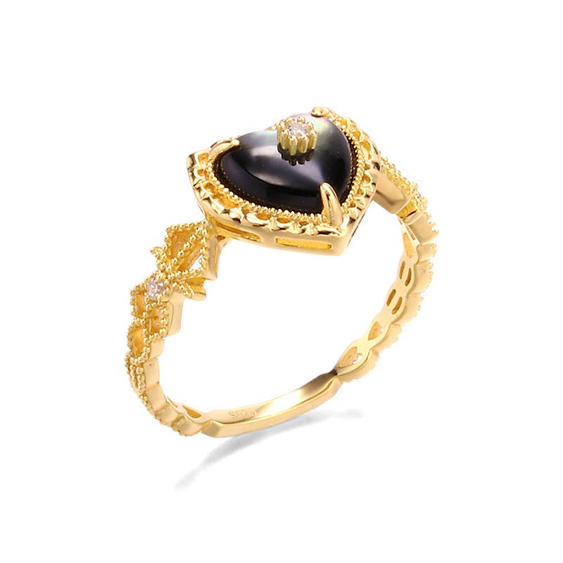 925 Sterling Silver Vintage Black Mother-of-pearl Heart Ring size P