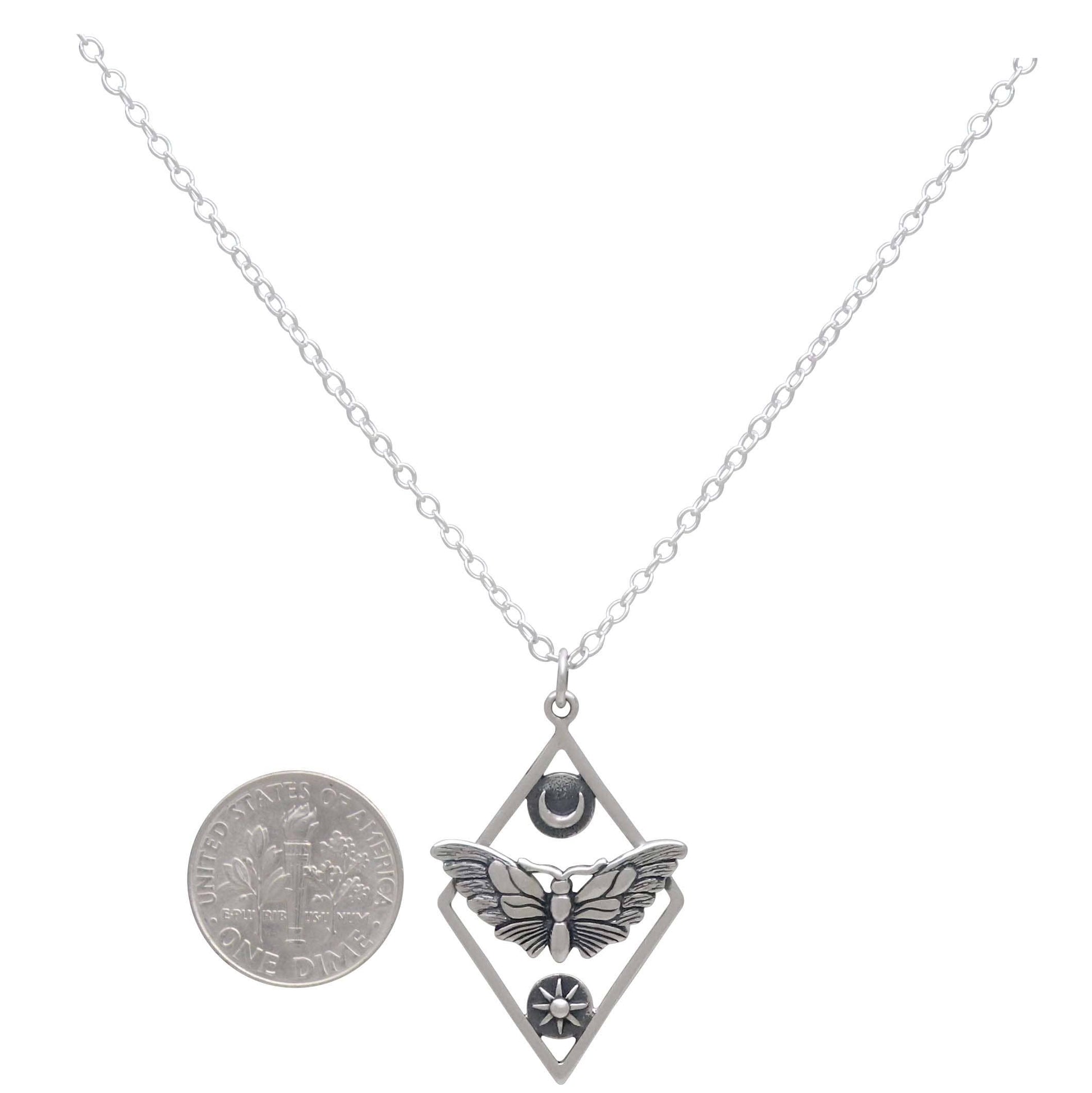 Sterling Silver or Bronze Geometric Moth Necklace: Sterling Silver