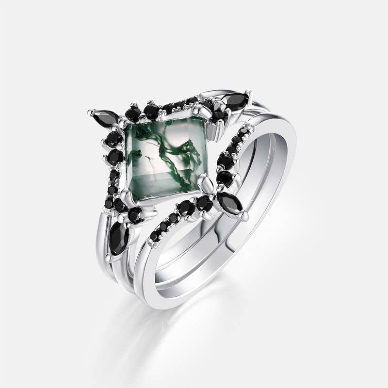 S925 Silver with Green Moss Stone Stacking Ring: size N