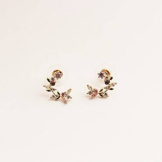 Leaf Wreath Earrings - Pink Crystal Flower Leaves Studs: Brown Crystal