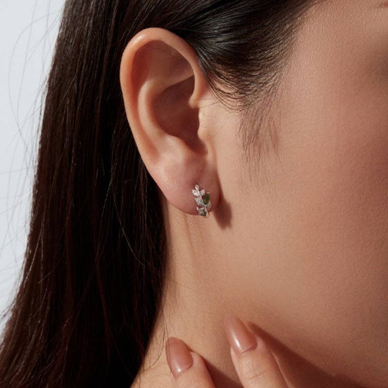 Moss Agate Leaf Branch Hoop Earrings in 925 Sterling Silver