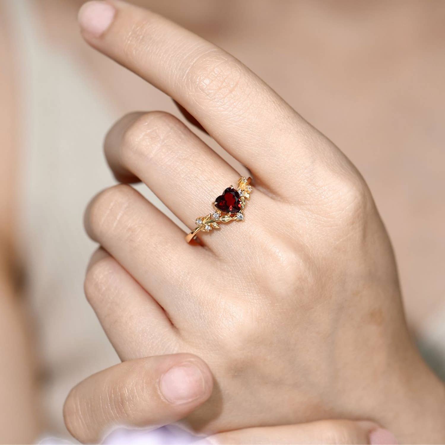 Heart’s Desire Red Garnet Ring (Yellow Gold plated) Size 7/ N