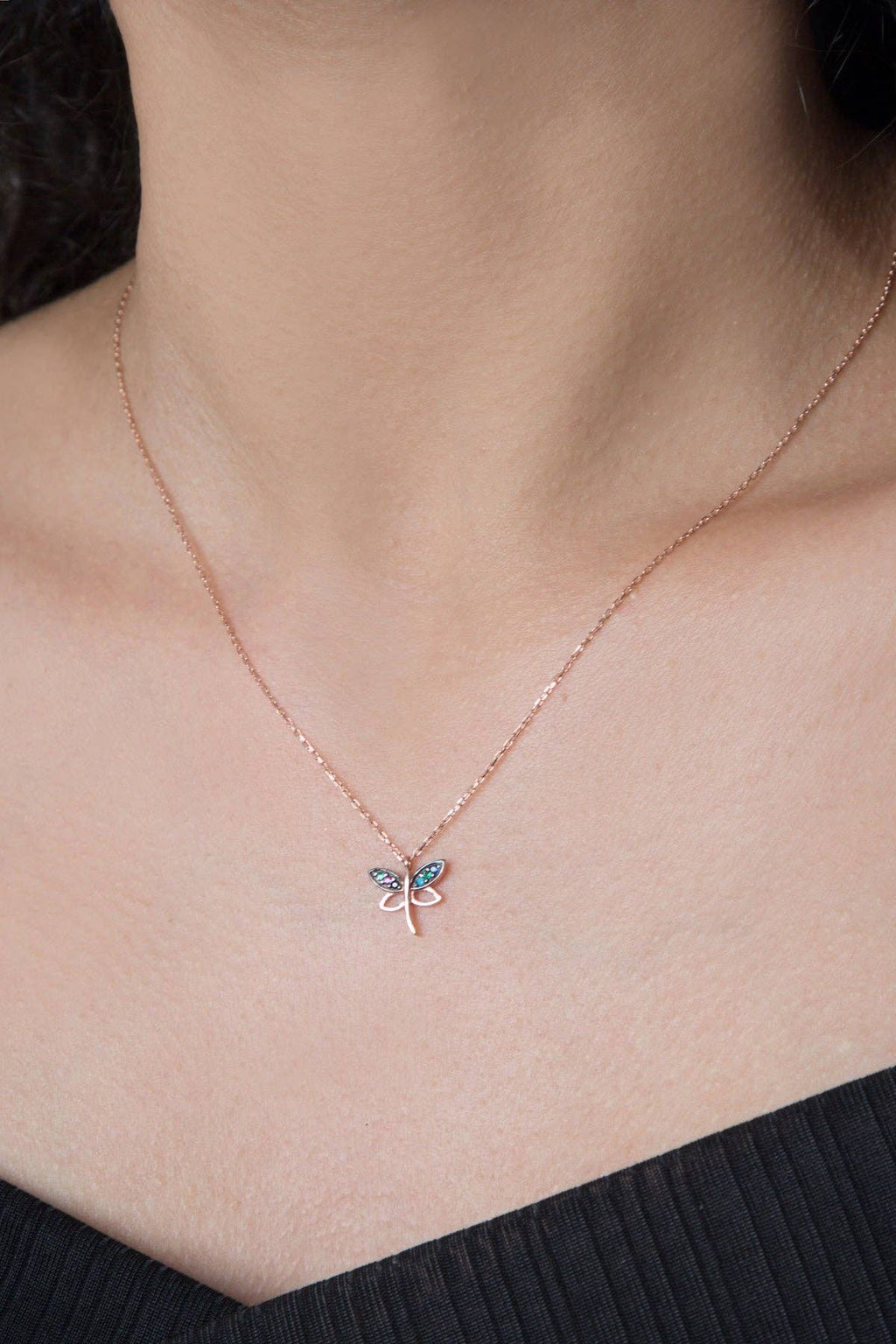 Women's Dragonfly Model Mix Stone Rose Plated 925 Sterling Silver Necklace: SILVER