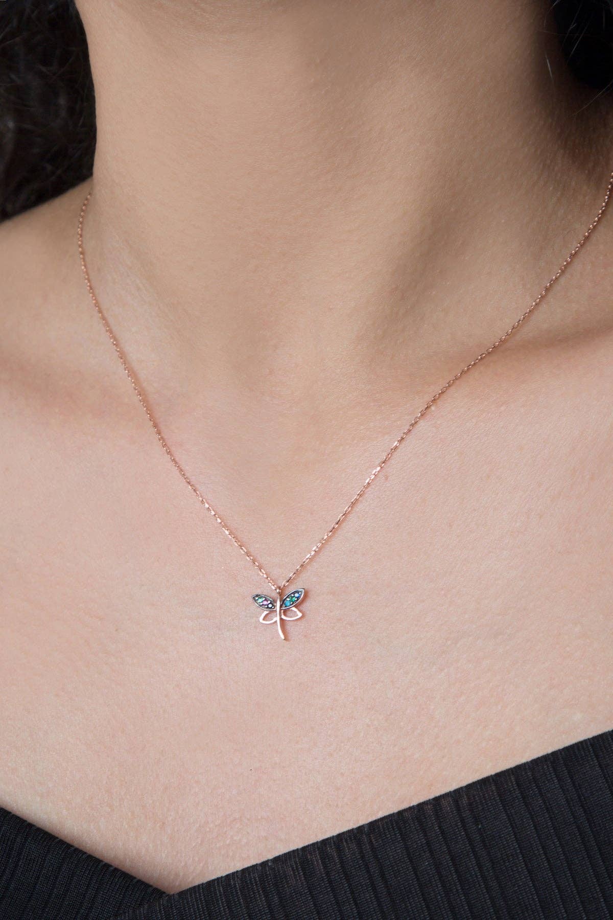 Women's Dragonfly Model Mix Stone Rose Plated 925 Sterling Silver Necklace: SILVER