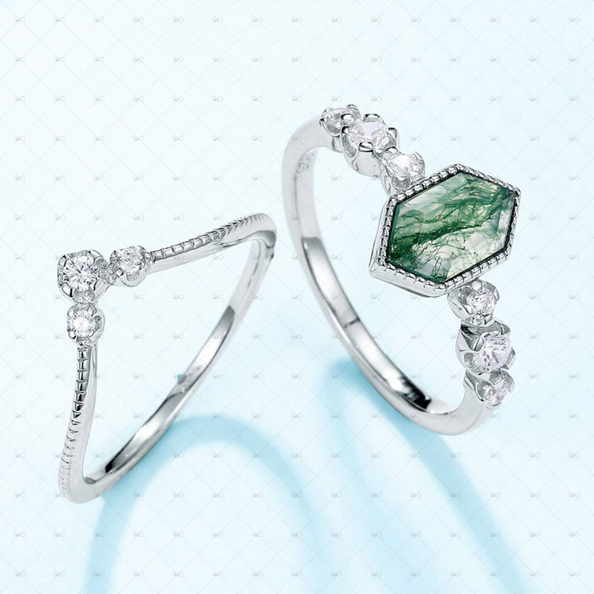 S925 Sterling Silver Hexagonal Moss Agate Stacking Ring: 8 size P