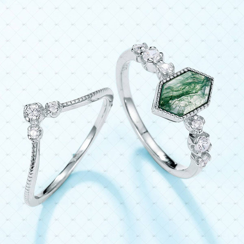 S925 Sterling Silver Hexagonal Moss Agate Stacking Ring: 8 size P
