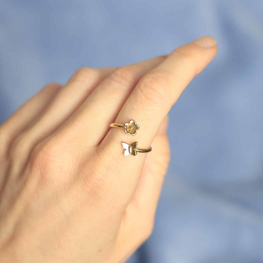 Butterfly and Flower Adjustable Ring: Recycled Sterling Silver