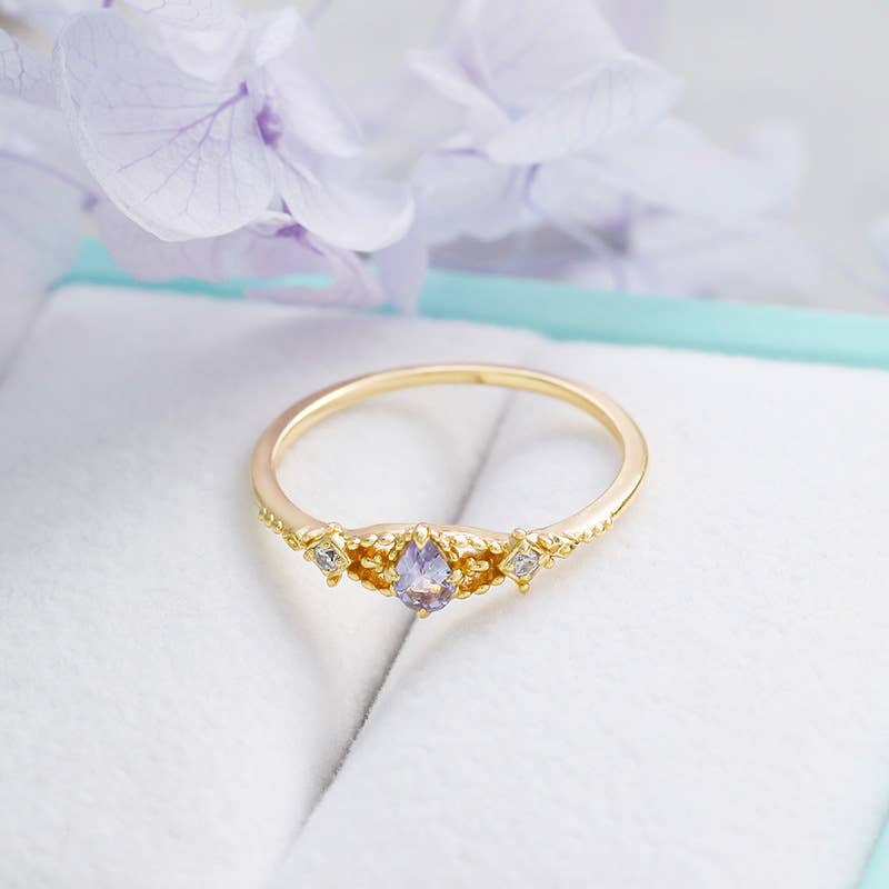 925 Sterling Silver 14K Gold Plated Tanzanite Ring Necklace: Necklace