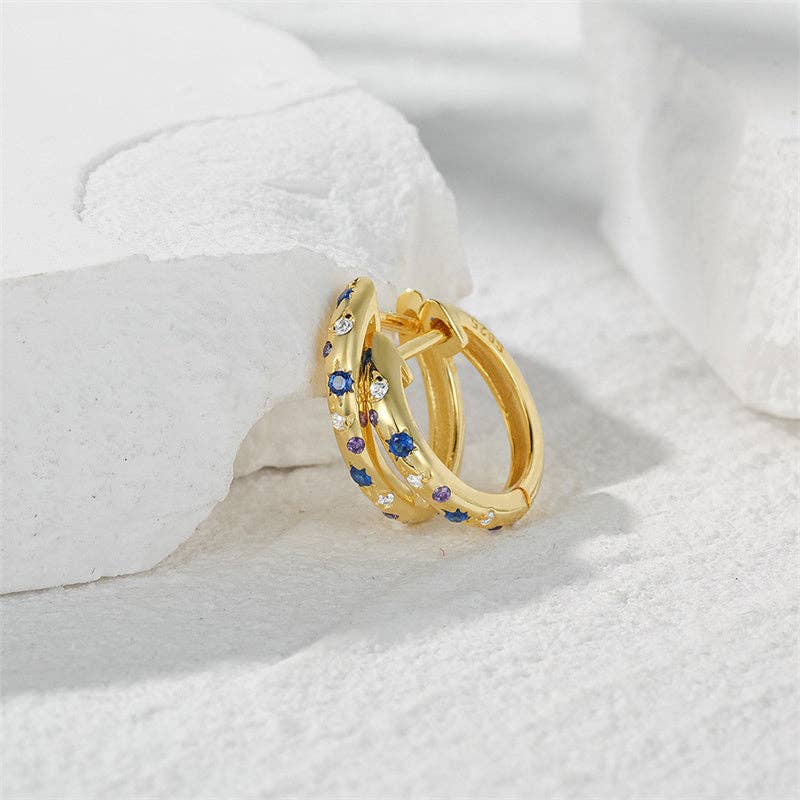 Blue Star Moon Huggie Hoop Earrings in 925 Sterling Silver: Gold