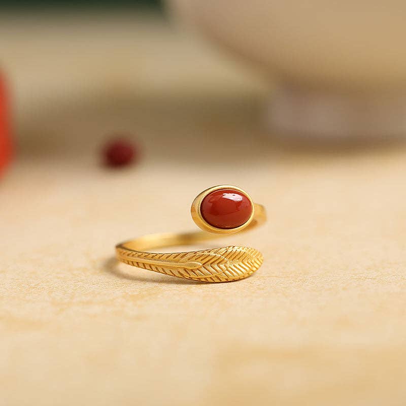 Dainty Gold Jade Agate Feather Bypass Ring in Solid Copper: Green