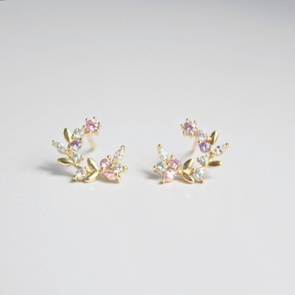 Leaf Wreath Earrings - Pink Crystal Flower Leaves Studs: Brown Crystal