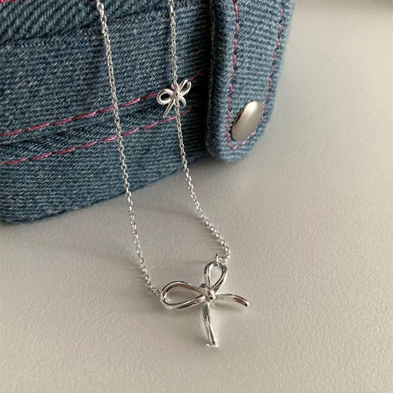 Cute Double Bow Tie Bowknot Necklace in 925 Sterling Silver