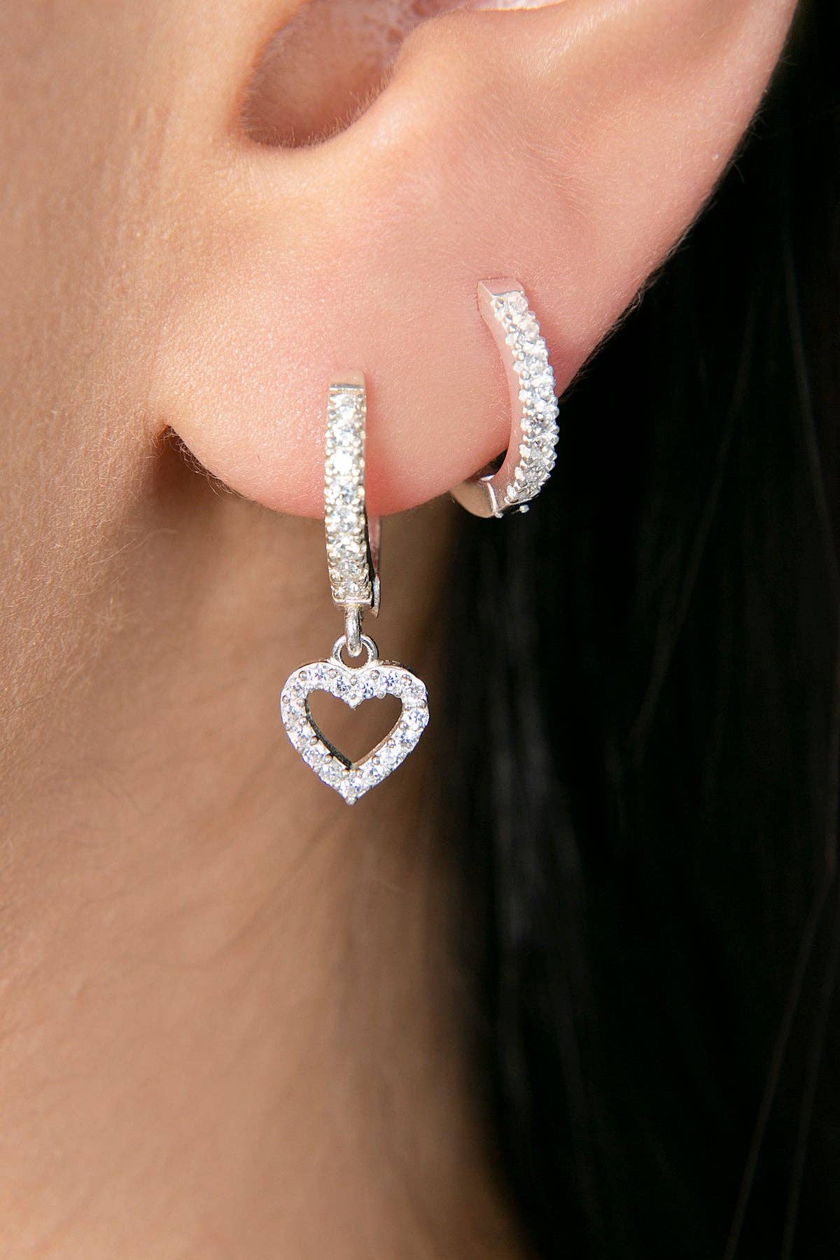 Women's Heart Model 925 Sterling Silver Double Earrings Set: SILVER