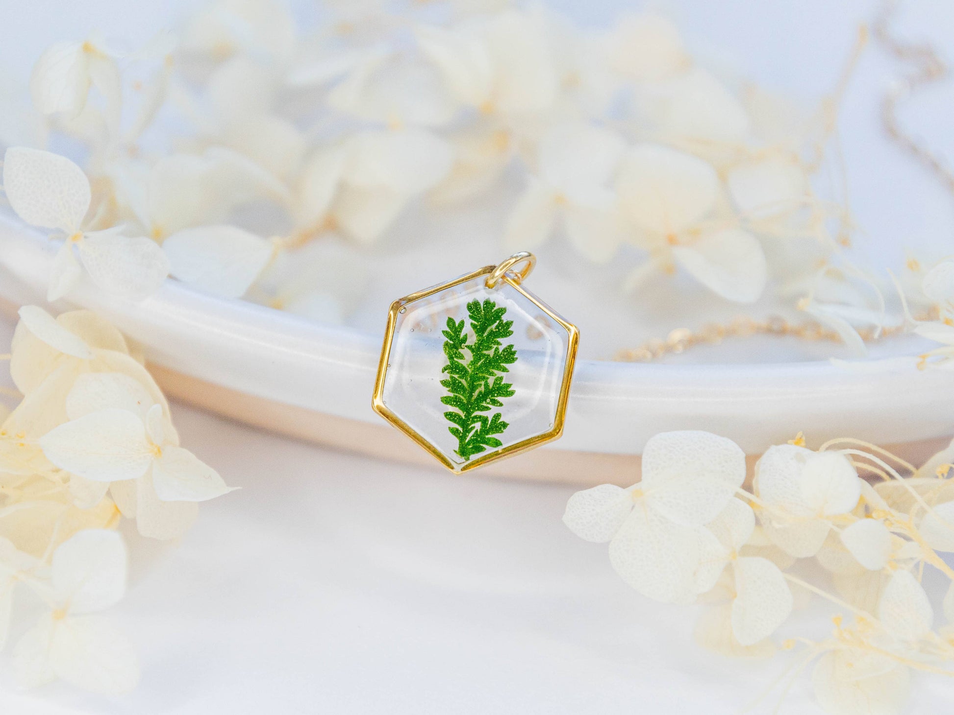 Mia dainty hexagon necklace with real fern in clear resin: Silver Plated