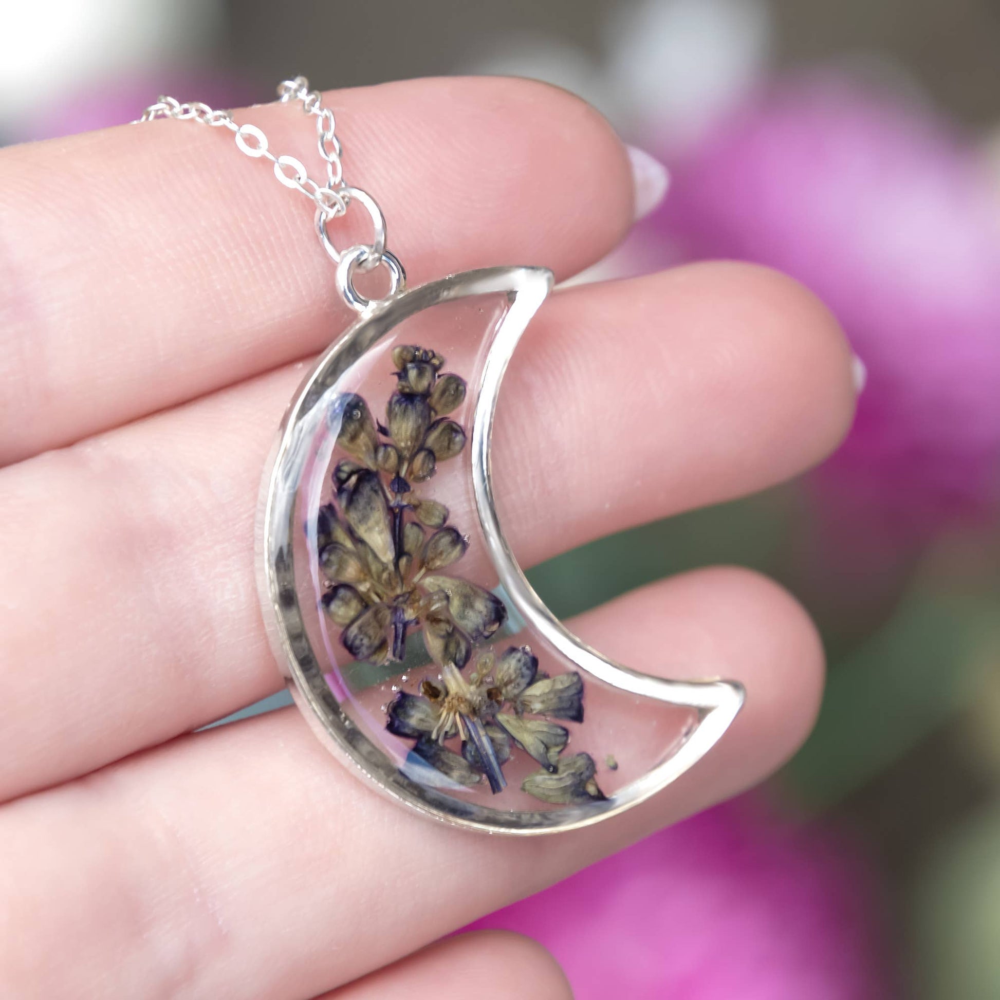 Silver crescent moon necklace with real pressed lavender