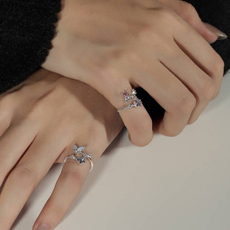 Butterfly Star Stacking Bypass Ring in 925 Sterling Silver: Gold / Blue size G