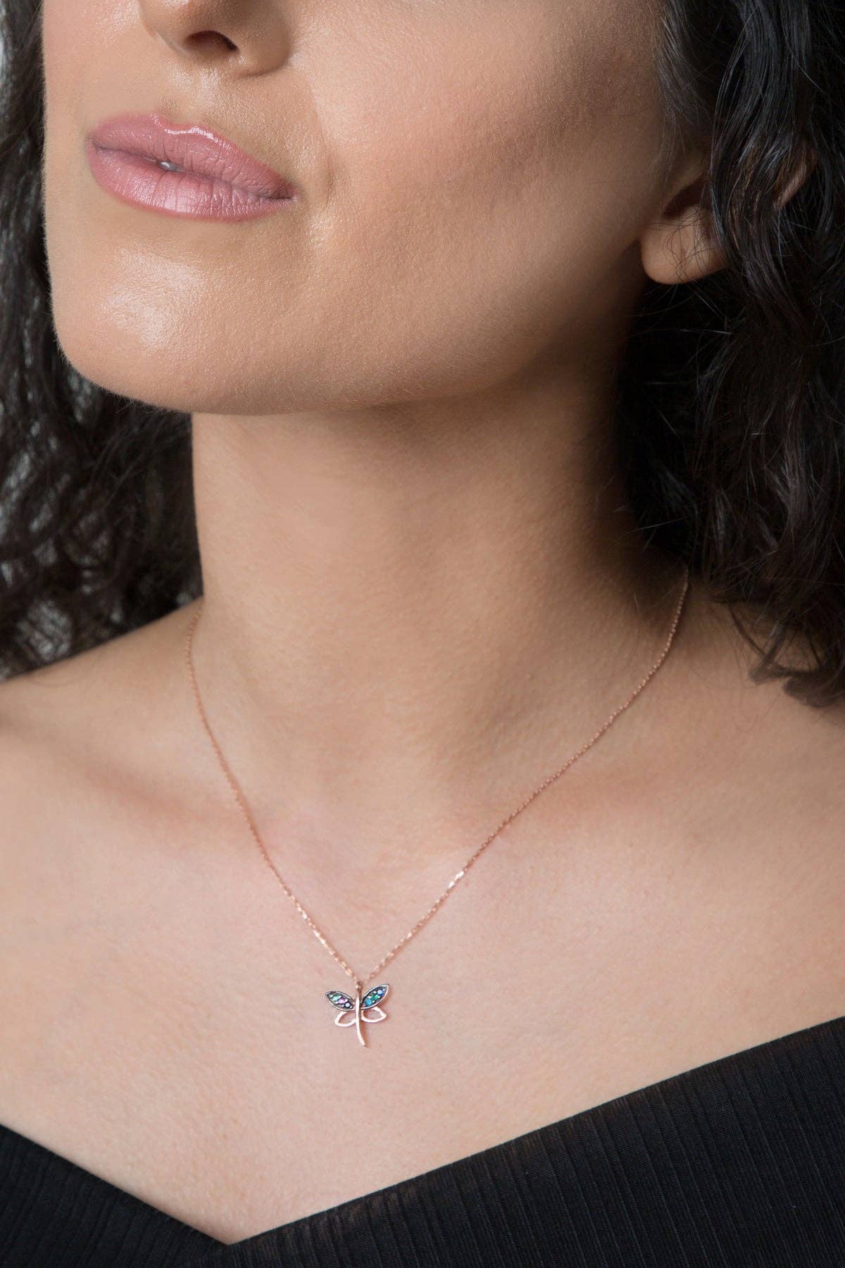 Women's Dragonfly Model Mix Stone Rose Plated 925 Sterling Silver Necklace: SILVER