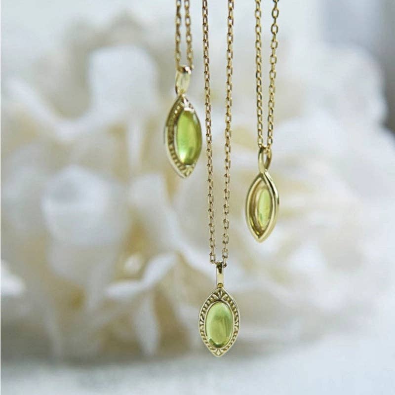 Green Oval Peridot Engraved Necklace  in 925 Sterling Silver