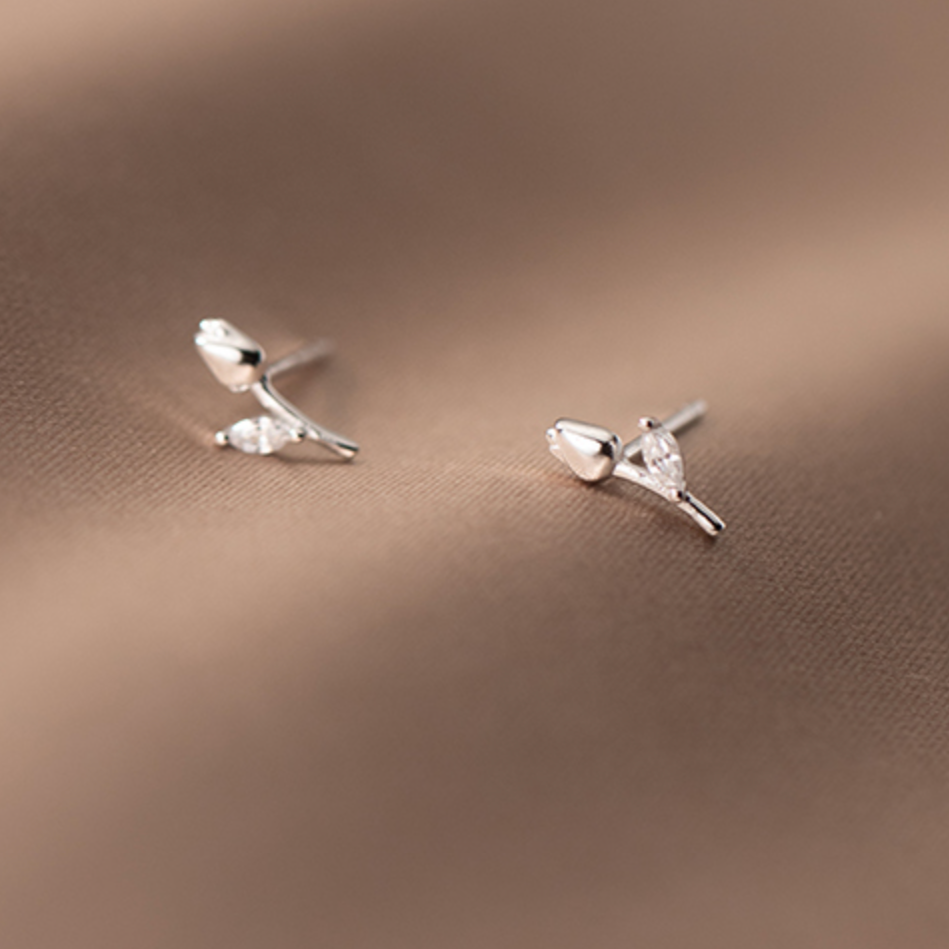 Sterling Silver Crystal Rose Stud Earrings: Silver