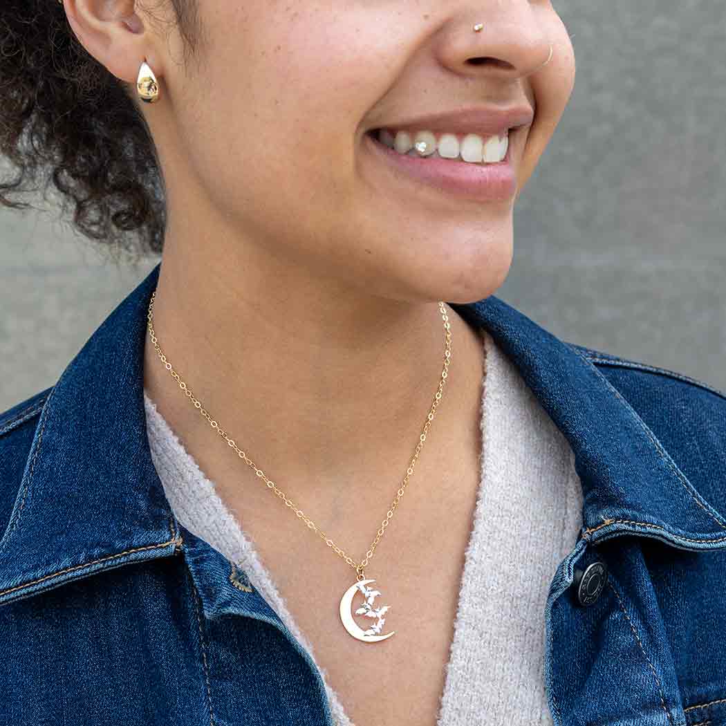 Bronze Moon Necklace with Bats on Gold Fill Chain