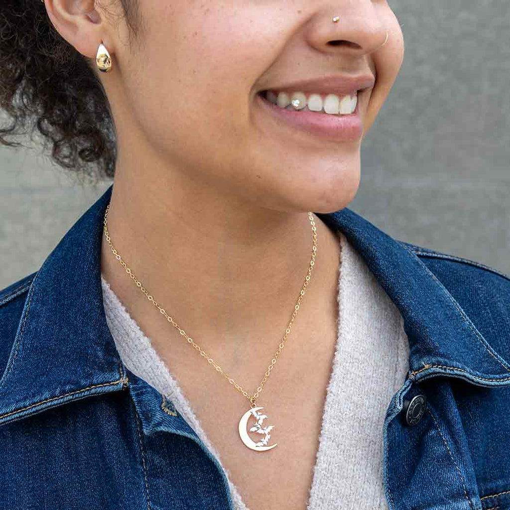 Bronze Moon Necklace with Bats on Gold Fill Chain