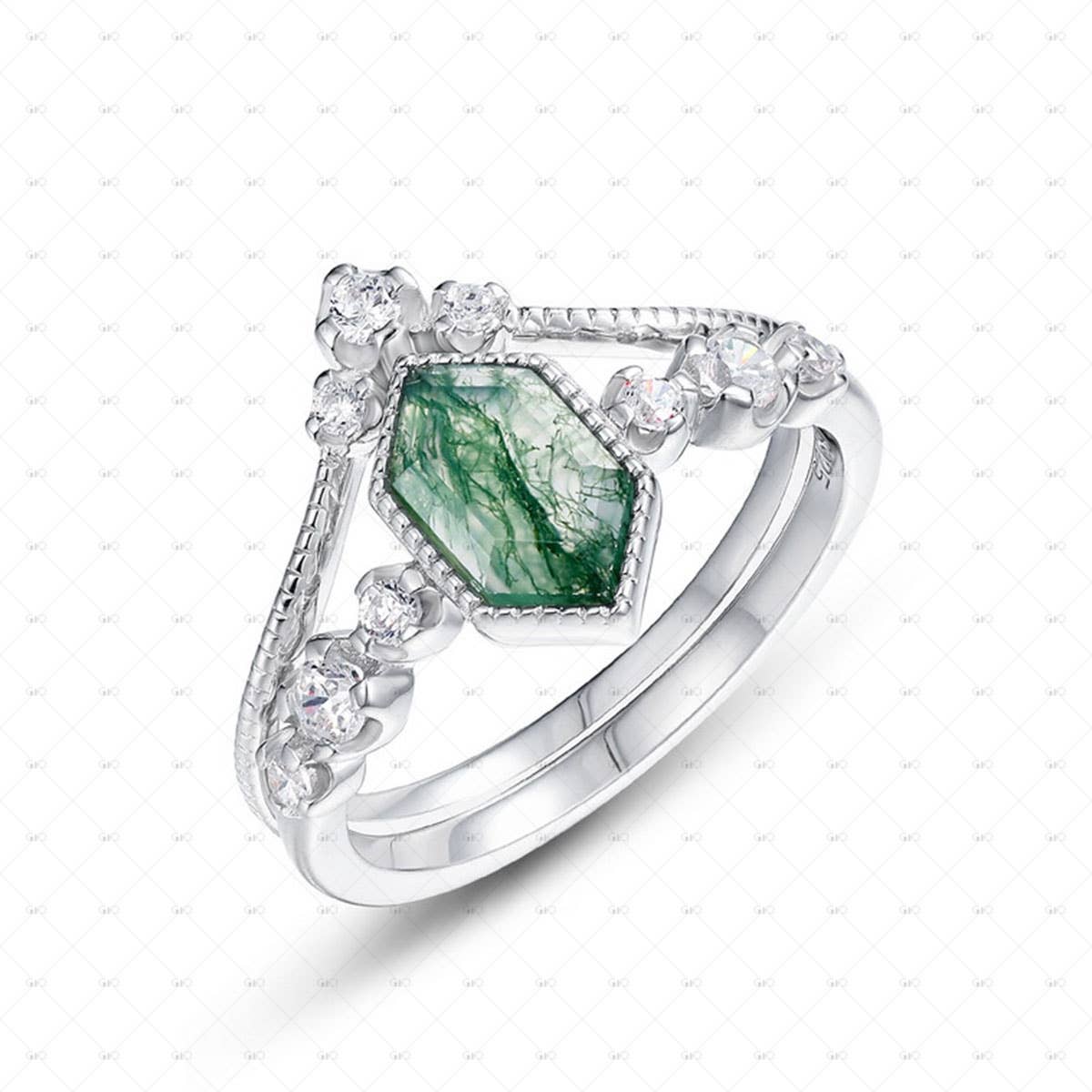 S925 Sterling Silver Hexagonal Moss Agate Stacking Ring: 8 size P