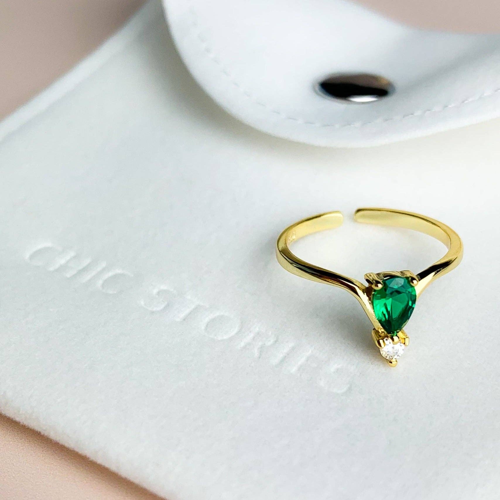 Gold with Green and White Crystal Adjustable Ring