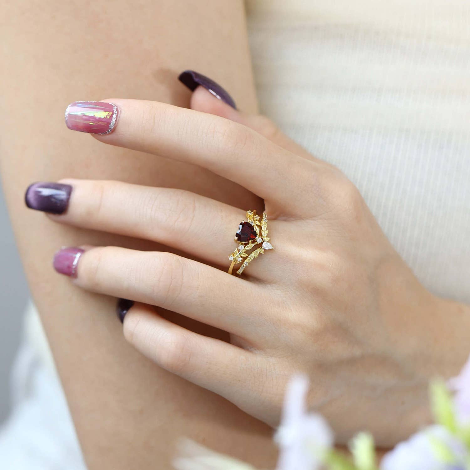 Heart’s Desire Red Garnet Ring (Yellow Gold plated) Size 7/ N