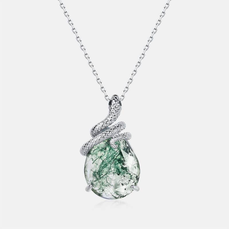 S925 Sterling Silver Snake Coiled Green Moss Stone Necklace: Necklace