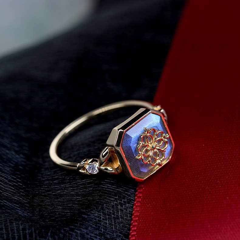 925 Sterling Silver K Gold-plated Gray-blue Labradorite Ring: Ring size N