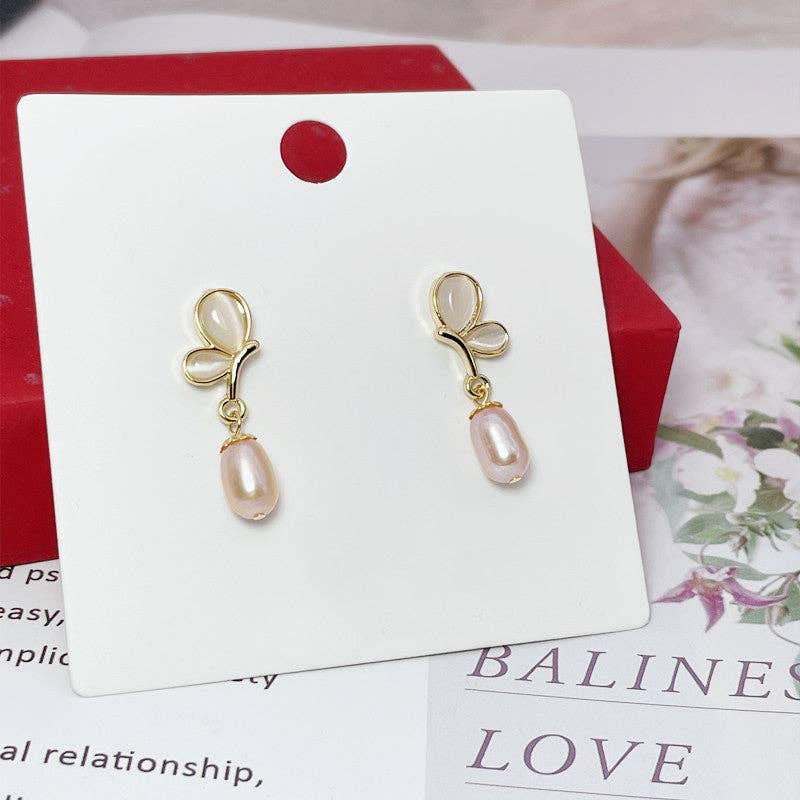 Opal Butterfly Pearl Wedding Earrings in 925 Sterling Silver: Pink