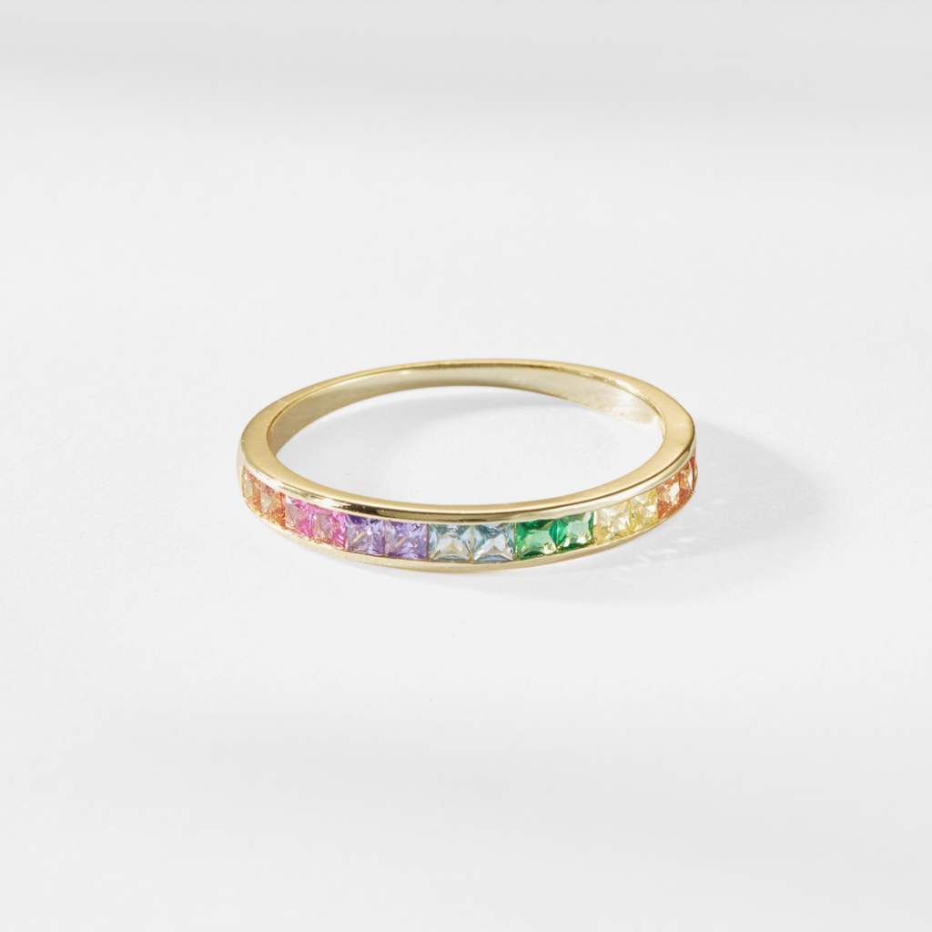 Rainbow Gemstone LGBT Wedding Ring in 925 Sterling Silver: Gold size P 1/2