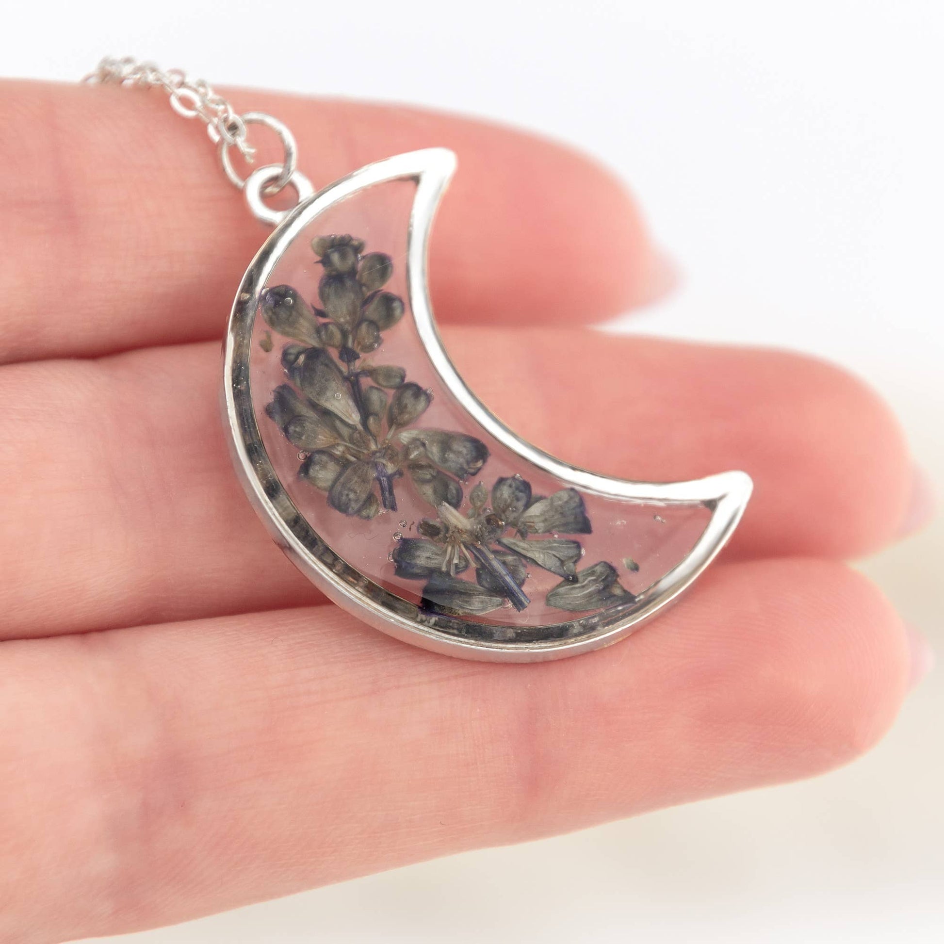 Silver crescent moon necklace with real pressed lavender