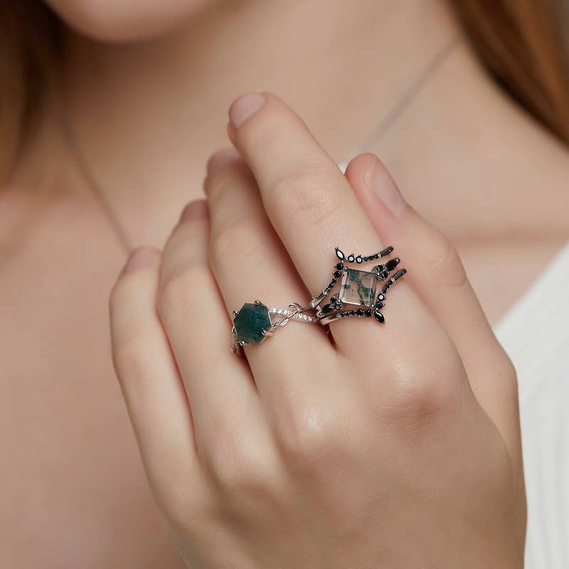 S925 Silver with Green Moss Stone Stacking Ring: size N