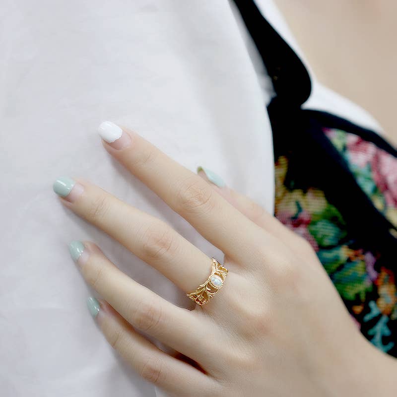 S925 Silver Plated 14K Gold Vintage Vine Opal Gemstone Ring