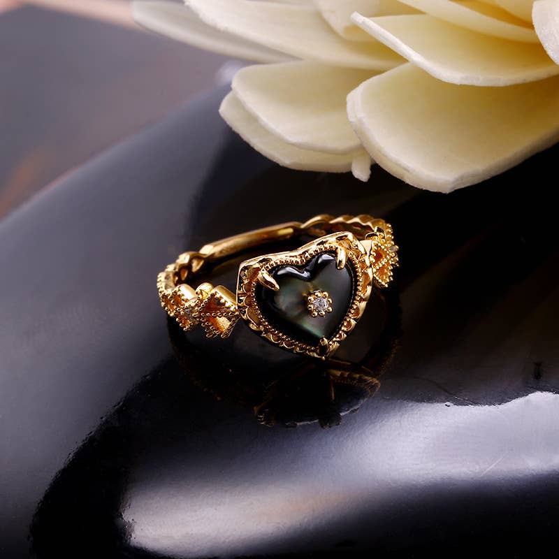 925 Sterling Silver Vintage Black Mother-of-pearl Heart Ring size P