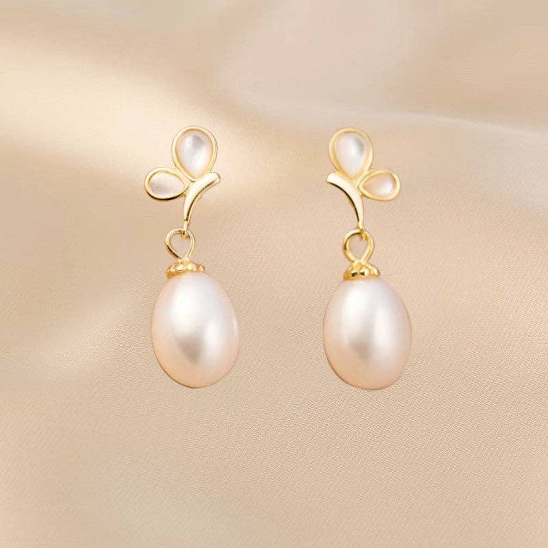 Opal Butterfly Pearl Wedding Earrings in 925 Sterling Silver: Pink