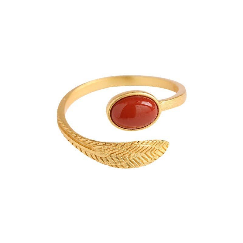 Dainty Gold Jade Agate Feather Bypass Ring in Solid Copper: Green