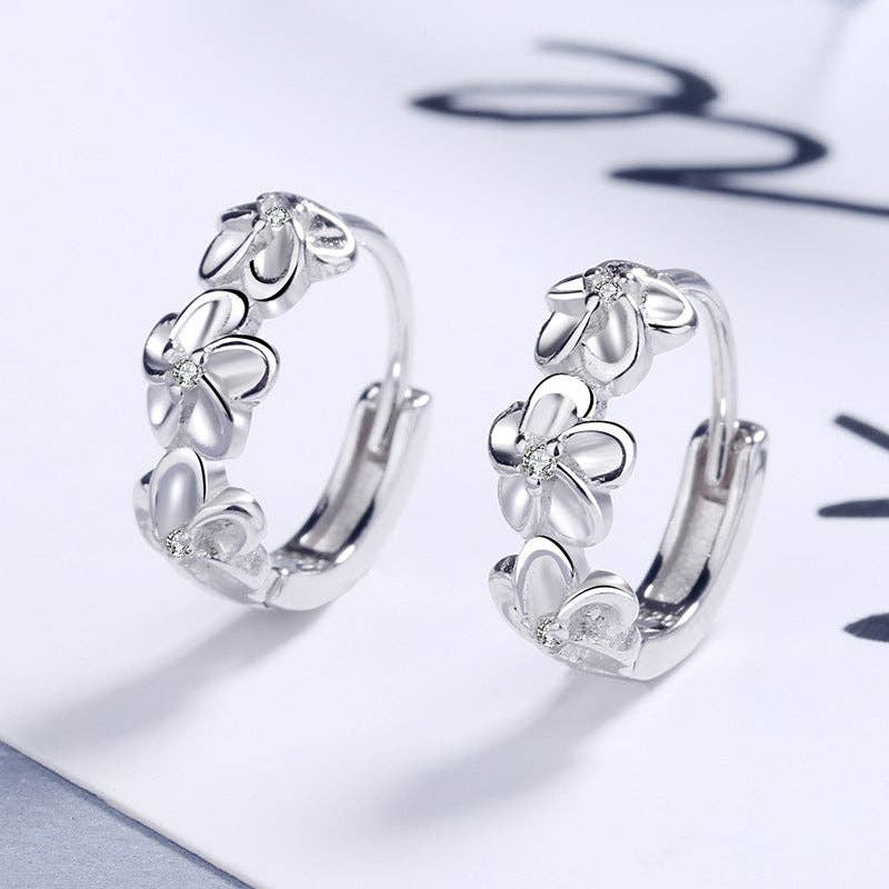 Dainty Camellia Flower Huggie Earring in 925 Sterling Silver: Silver