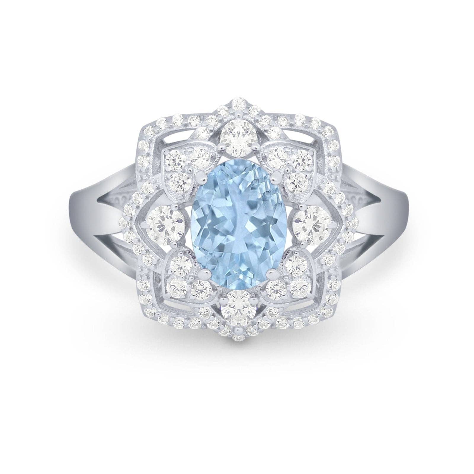 Art Deco Oval Wedding Ring Simulated Aquamarine CZ: Simulated Aquamarine CZ size O1/2