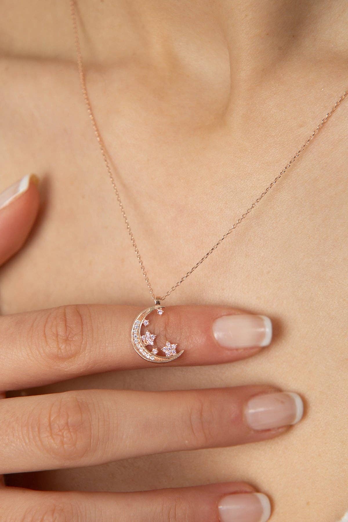 Women's 925 Sterling Silver Stone Moon and Star Necklace: ROSE GOLD
