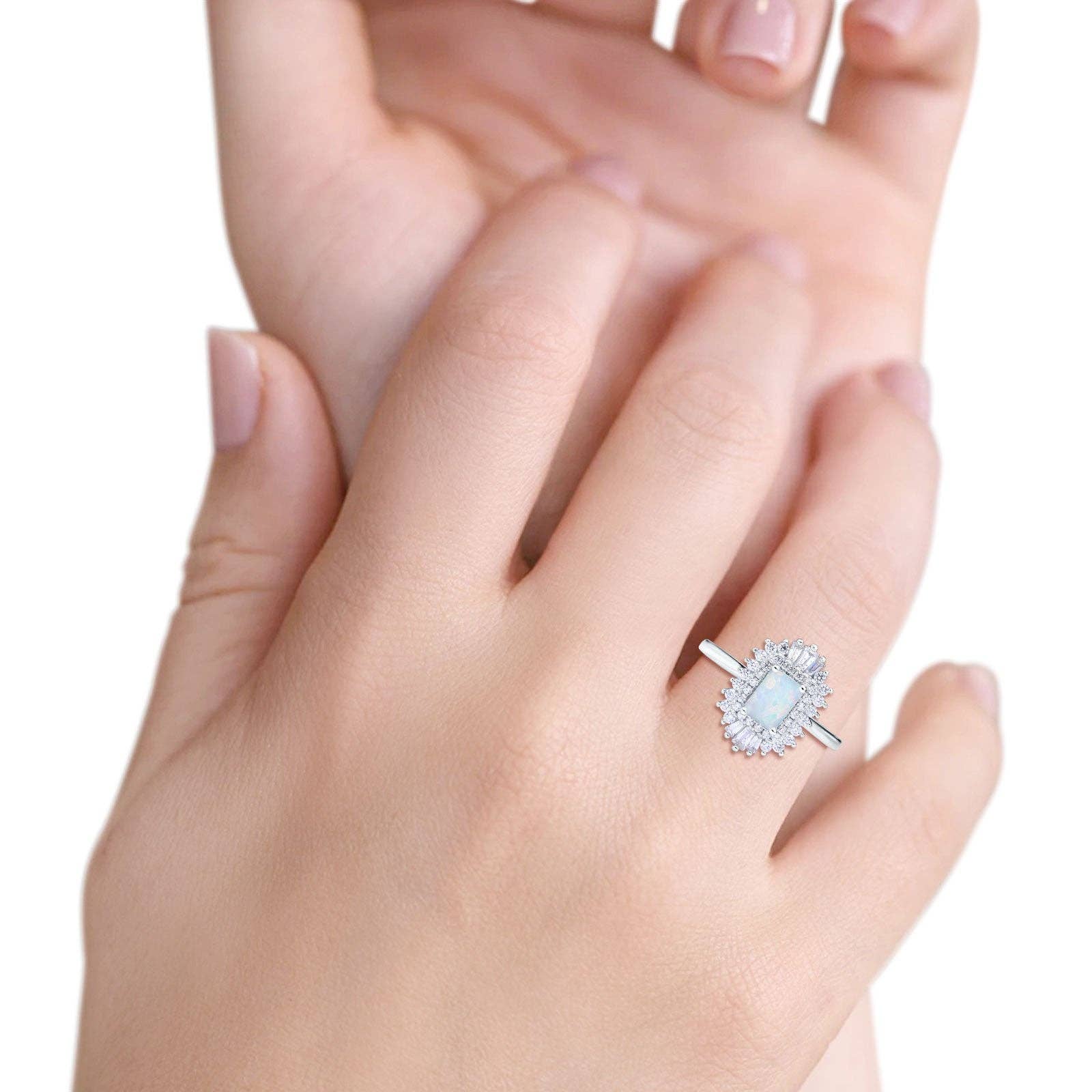 Emerald Cut Vintage Wedding Ring Lab Created White Opal: Lab Created White Opal /j1/2