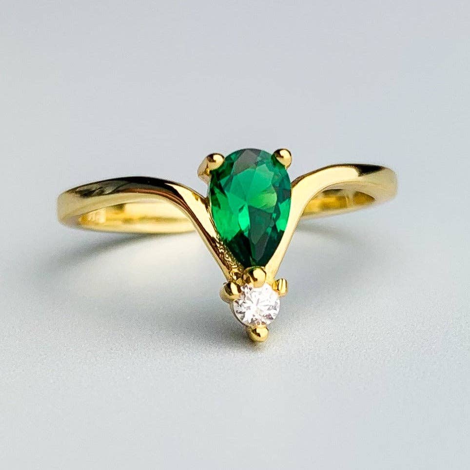 Gold with Green and White Crystal Adjustable Ring