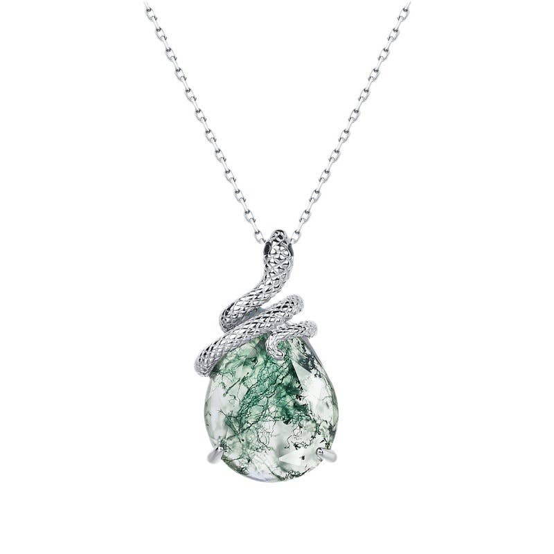 S925 Sterling Silver Snake Coiled Green Moss Stone Necklace: Necklace